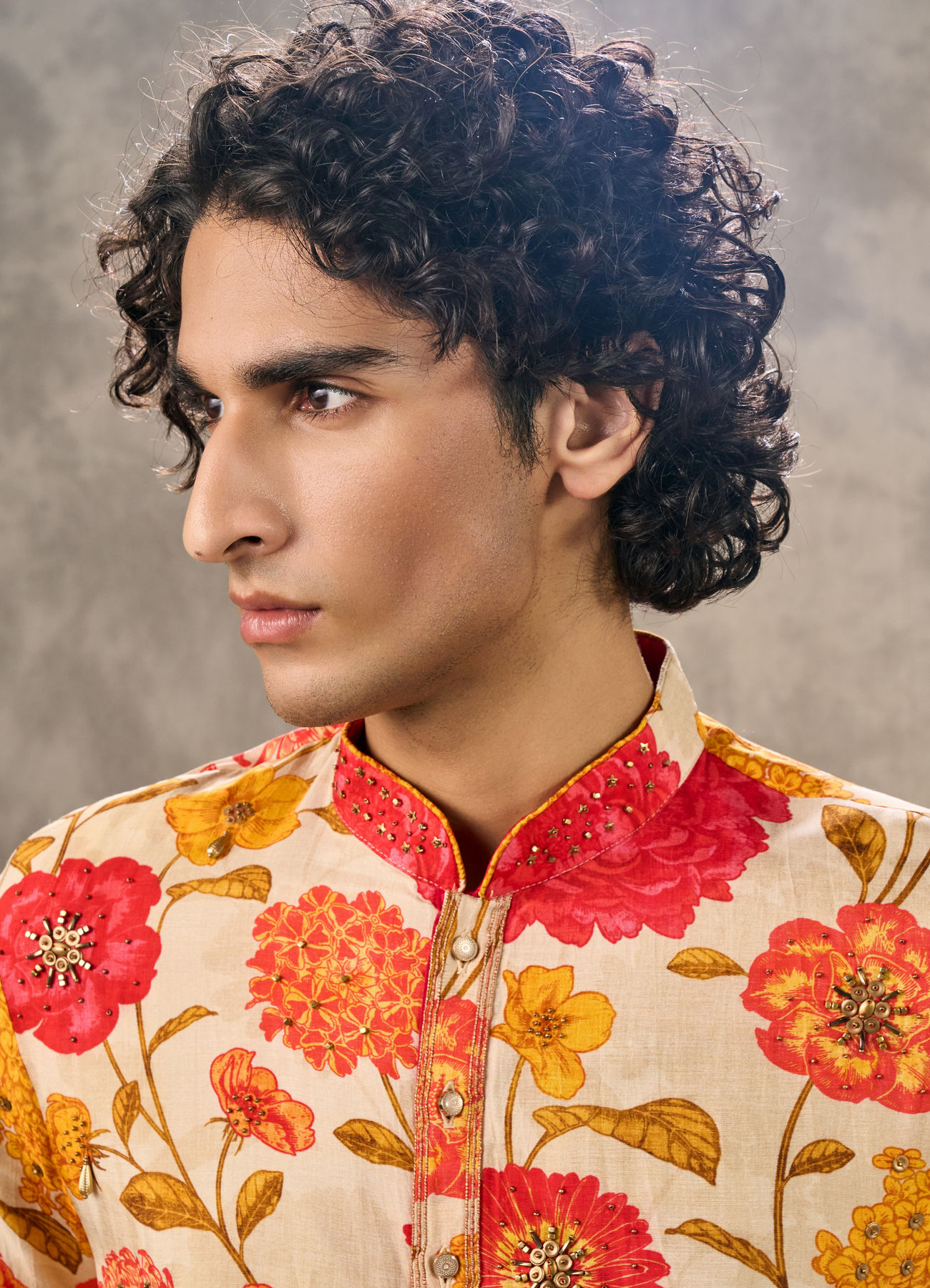 Twamev Men Beige & Mustard Floral Printed Kurta Pant Set