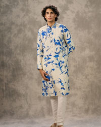 Twamev Men Ivory & Dark Blue Silk Printed Kurta Pant Set
