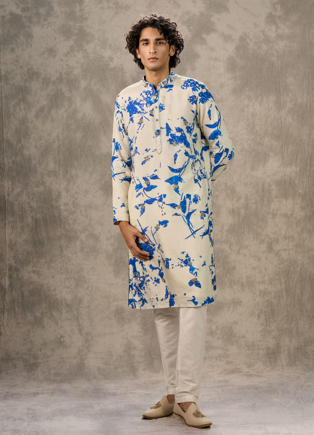 Twamev Men Ivory & Dark Blue Silk Printed Kurta Pant Set