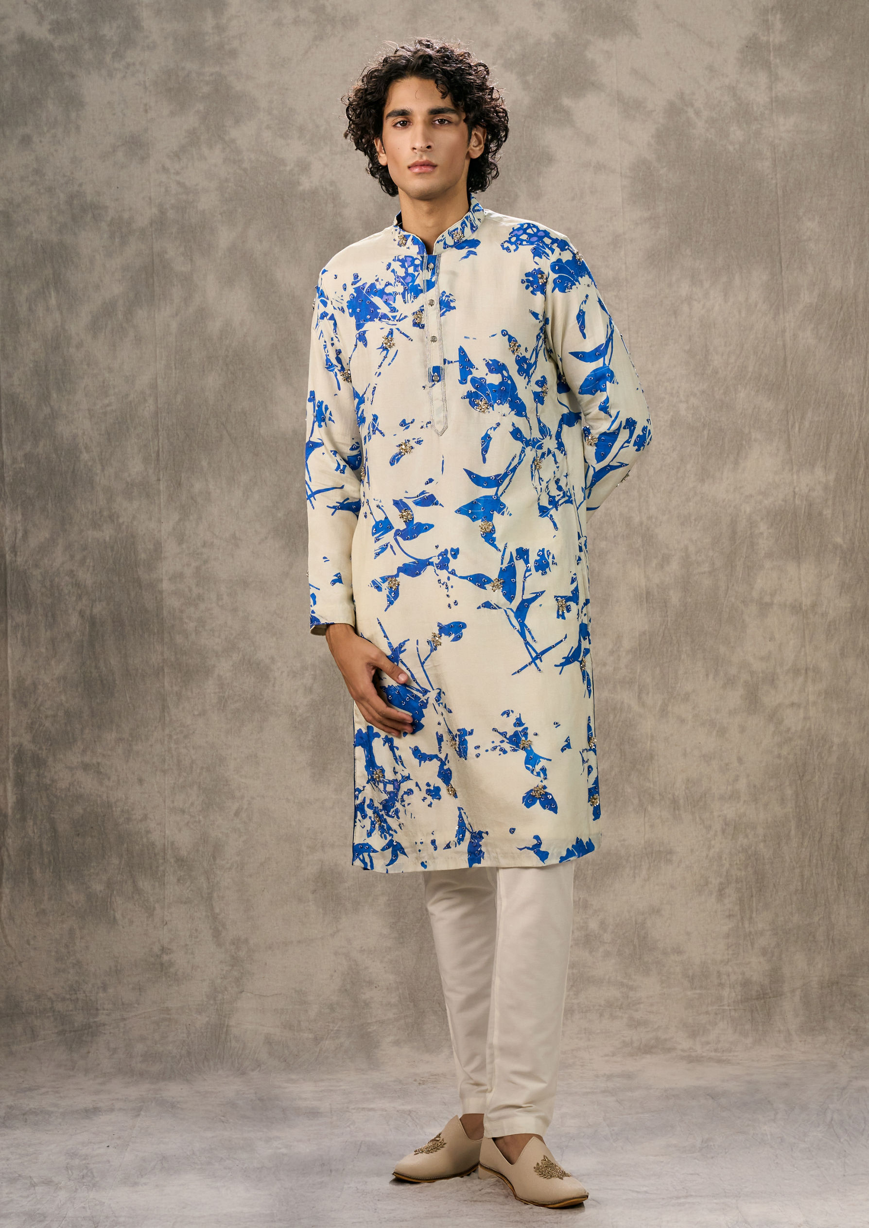 Twamev Men Twilight Gleam Cream-Dark Blue Kurta Churidar