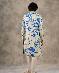 Twamev Men Ivory & Dark Blue Silk Printed Kurta Pant Set