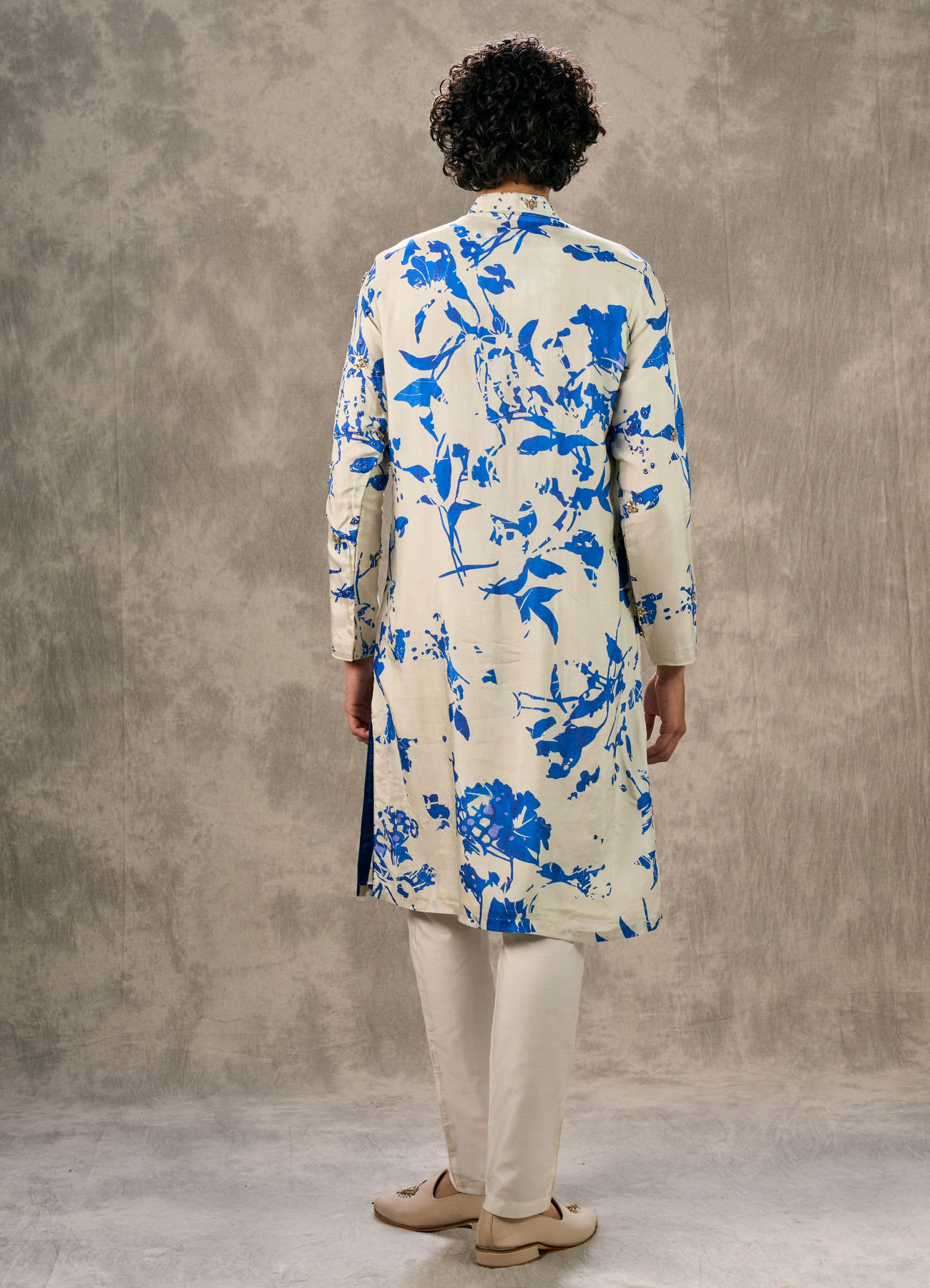 Twamev Men Ivory & Dark Blue Silk Printed Kurta Pant Set