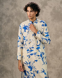Twamev Men Ivory & Dark Blue Silk Printed Kurta Pant Set