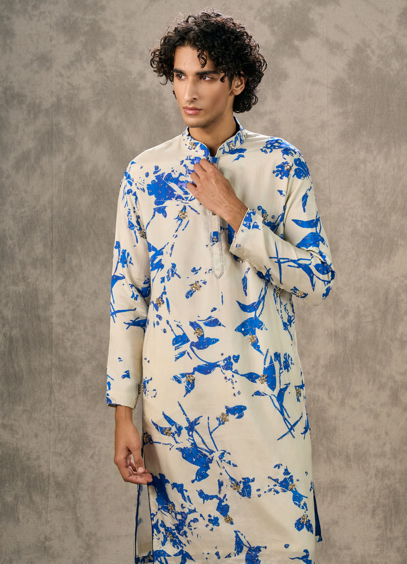 Twamev Men Ivory & Dark Blue Silk Printed Kurta Pant Set