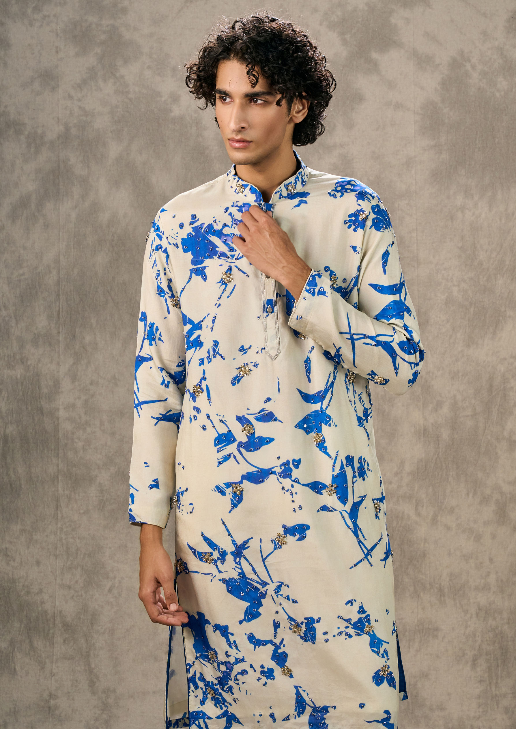 Twamev Men Twilight Gleam Cream-Dark Blue Kurta Churidar