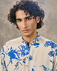 Twamev Men Ivory & Dark Blue Silk Printed Kurta Pant Set