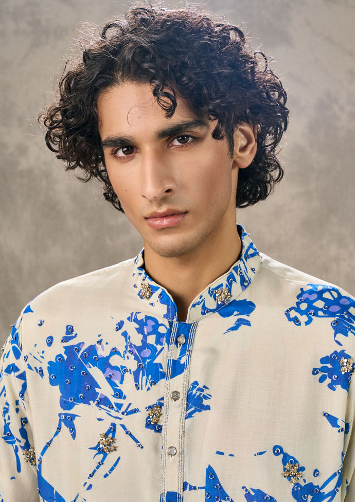 Twamev Men Twilight Gleam Cream-Dark Blue Kurta Churidar