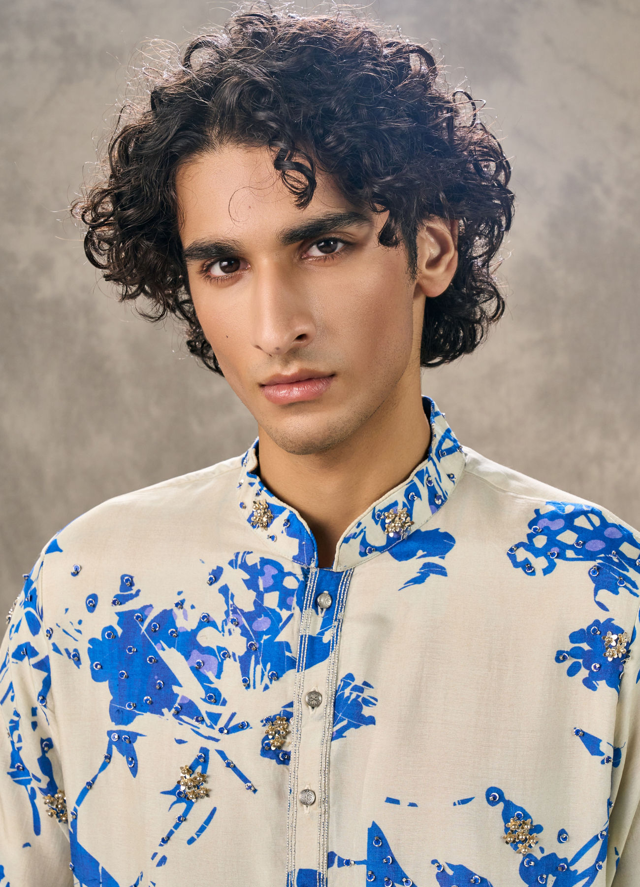 Twamev Men Ivory & Dark Blue Silk Printed Kurta Pant Set