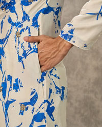 Twamev Men Ivory & Dark Blue Silk Printed Kurta Pant Set