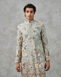 Twamev Men Emerald Green Georgette Gota Patti Embroidered Kurta Pant Set
