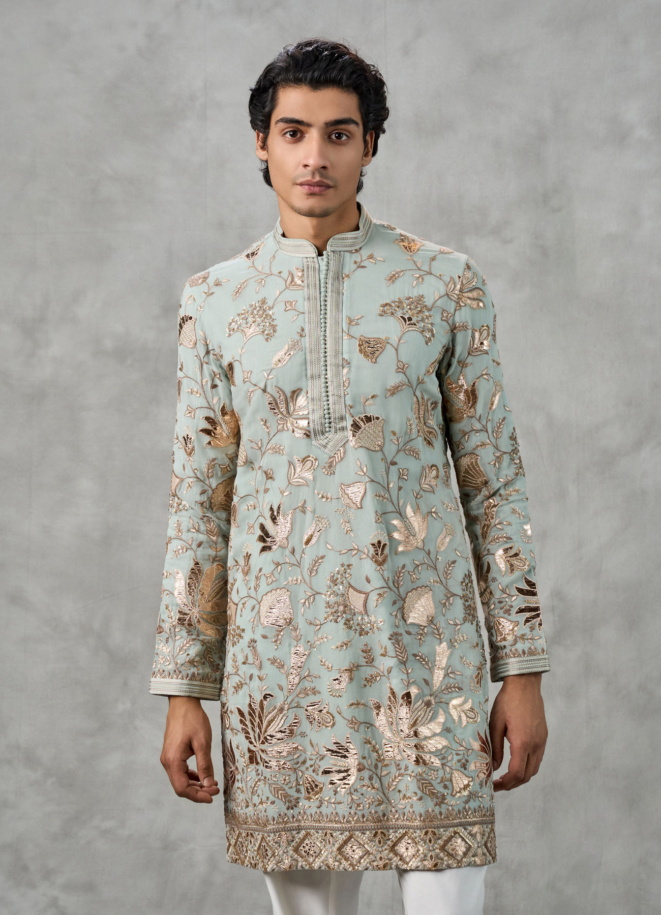Twamev Men Emerald Green Georgette Gota Patti Embroidered Kurta Pant Set
