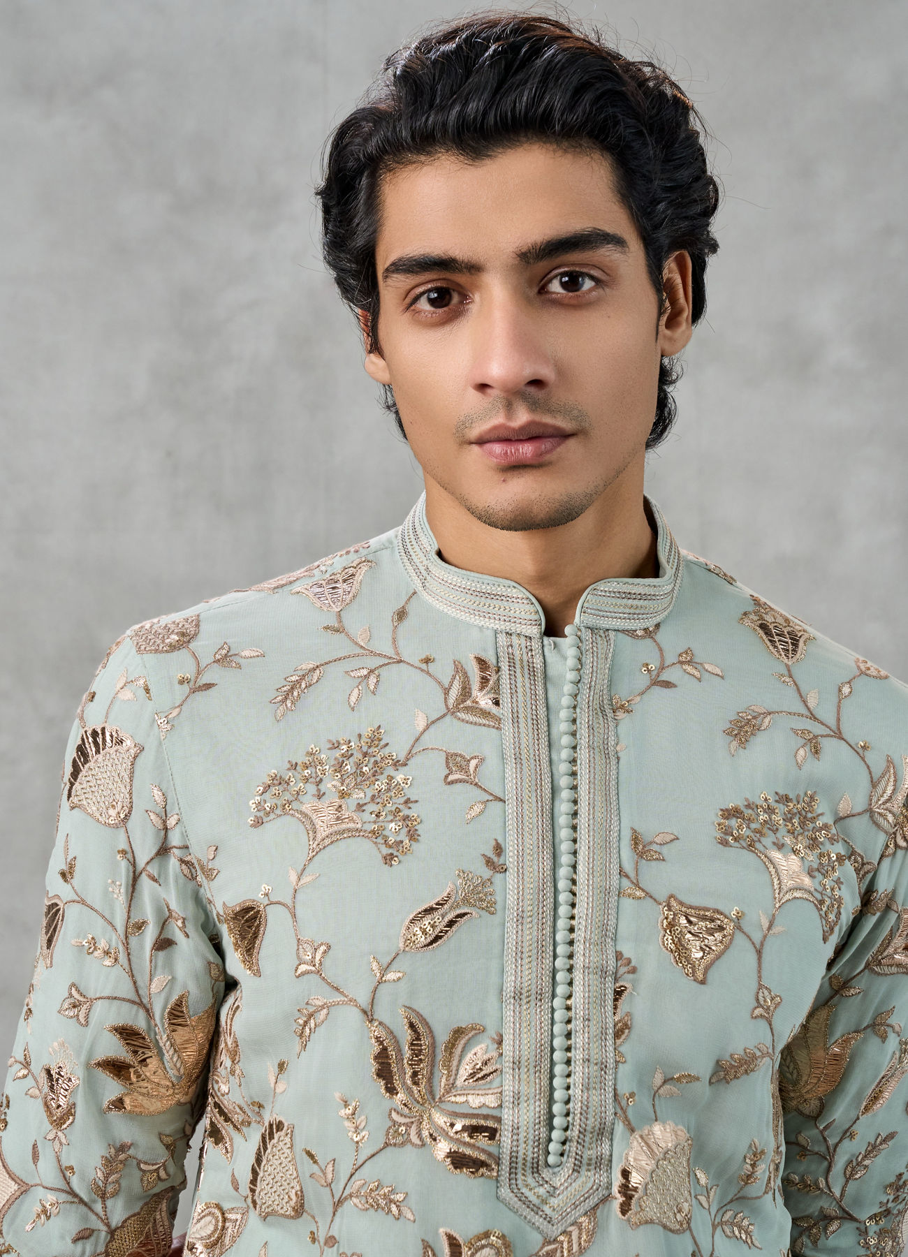 Twamev Men Emerald Green Georgette Gota Patti Embroidered Kurta Pant Set