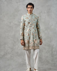 Twamev Men Emerald Green Georgette Gota Patti Embroidered Kurta Pant Set
