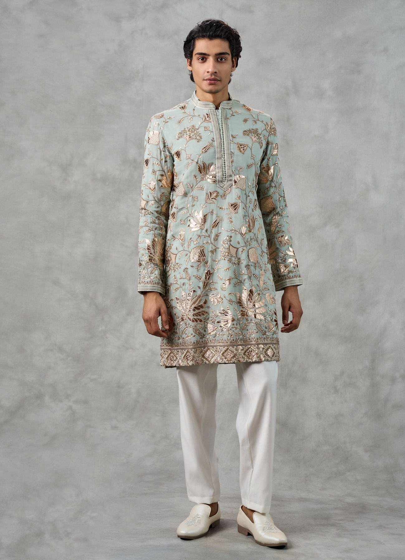 Twamev Men Emerald Green Georgette Gota Patti Embroidered Kurta Pant Set