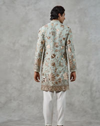 Twamev Men Emerald Green Georgette Gota Patti Embroidered Kurta Pant Set