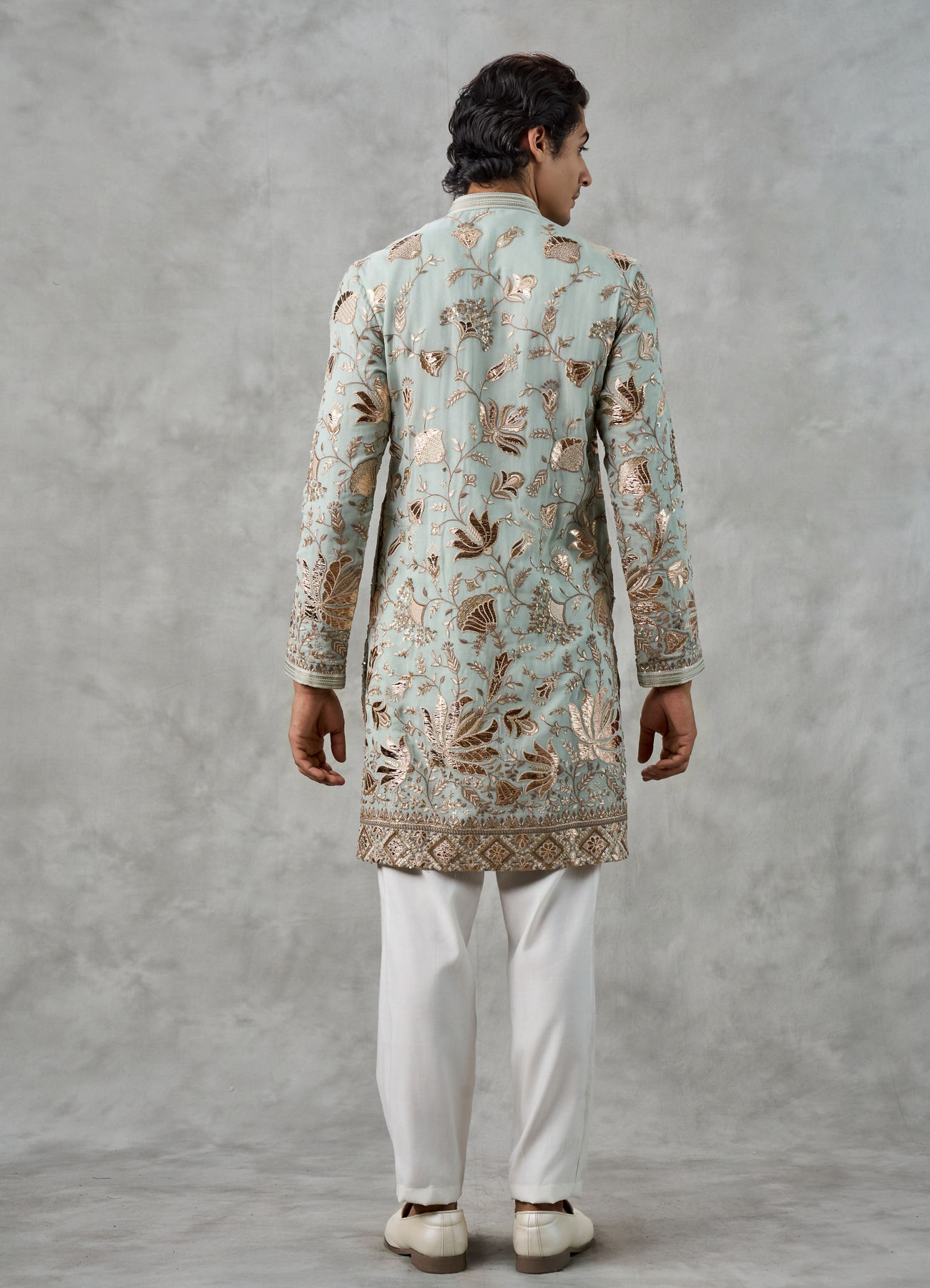 Twamev Men Emerald Green Georgette Gota Patti Embroidered Kurta Pant Set