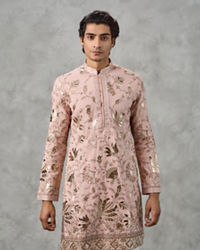 Twamev Men Dusty Pink Georgette Gota Patti Embroidered Kurta Pant Set