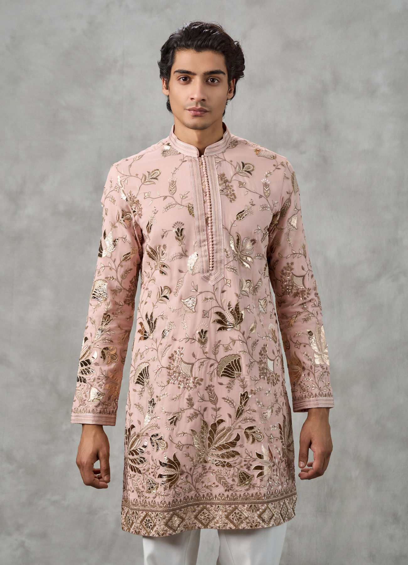 Twamev Men Dusty Pink Georgette Gota Patti Embroidered Kurta Pant Set