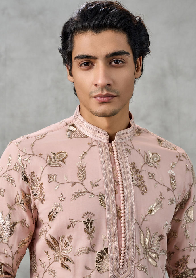 Twamev Men Dusty Pink Georgette Kurta Churidar