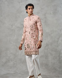 Twamev Men Dusty Pink Georgette Gota Patti Embroidered Kurta Pant Set