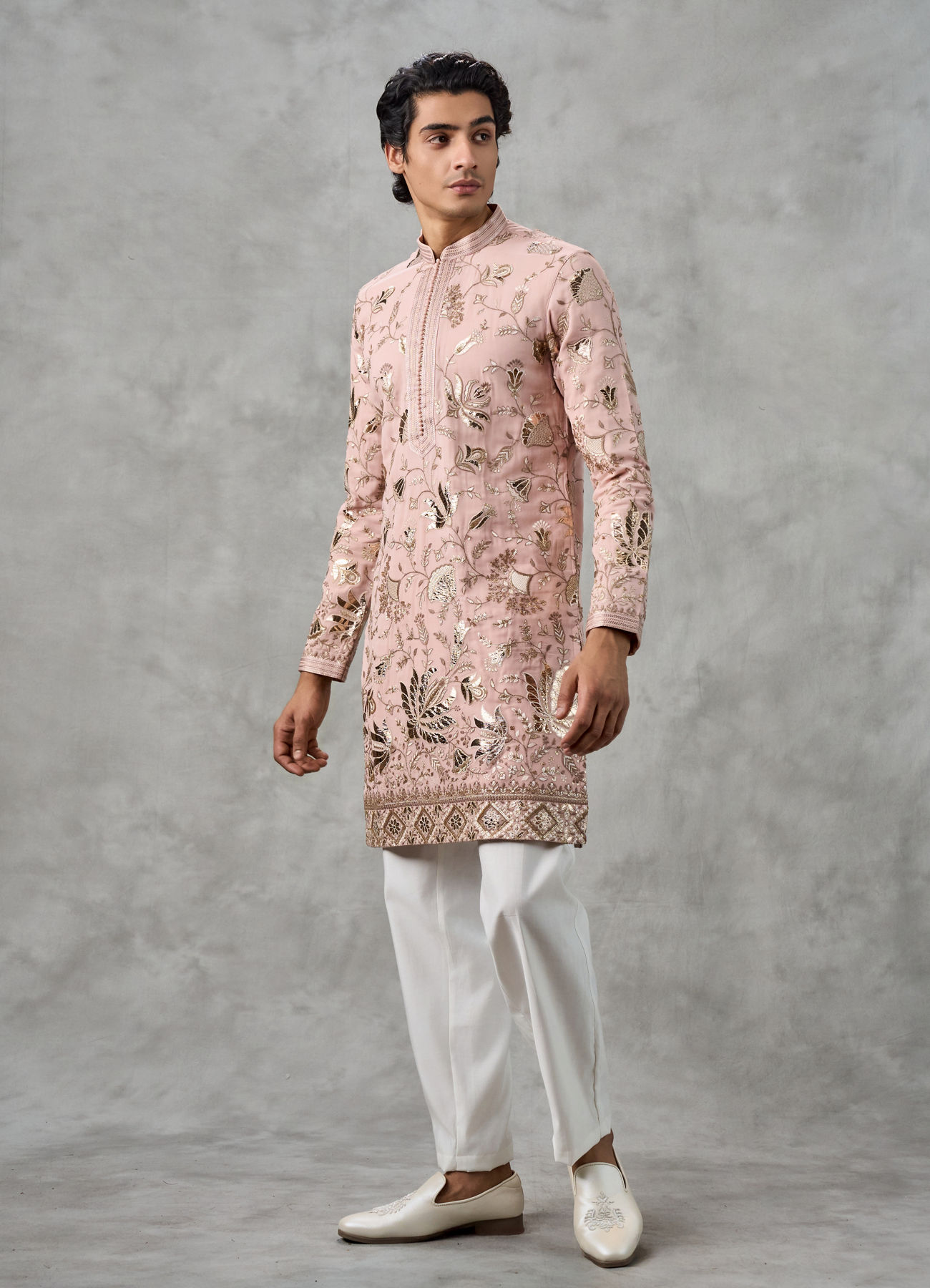 Twamev Men Dusty Pink Georgette Gota Patti Embroidered Kurta Pant Set