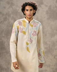 Twamev Men Ivory Satin Floral Applique Embroidered Kurta Pant Set