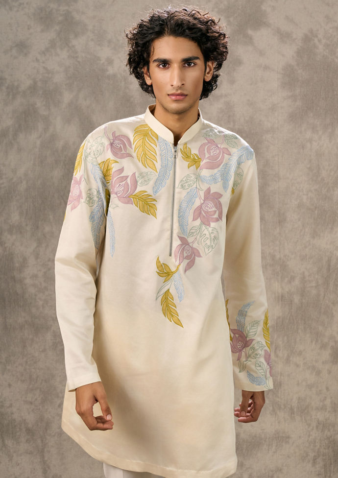 Twamev Men Cream Radiance Satin Kurta Churidar