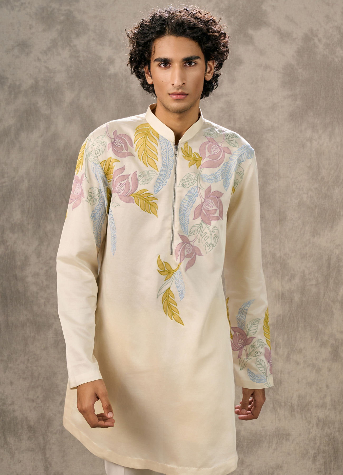Twamev Men Ivory Satin Floral Applique Embroidered Kurta Pant Set