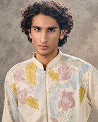 Twamev Men Ivory Satin Floral Applique Embroidered Kurta Pant Set