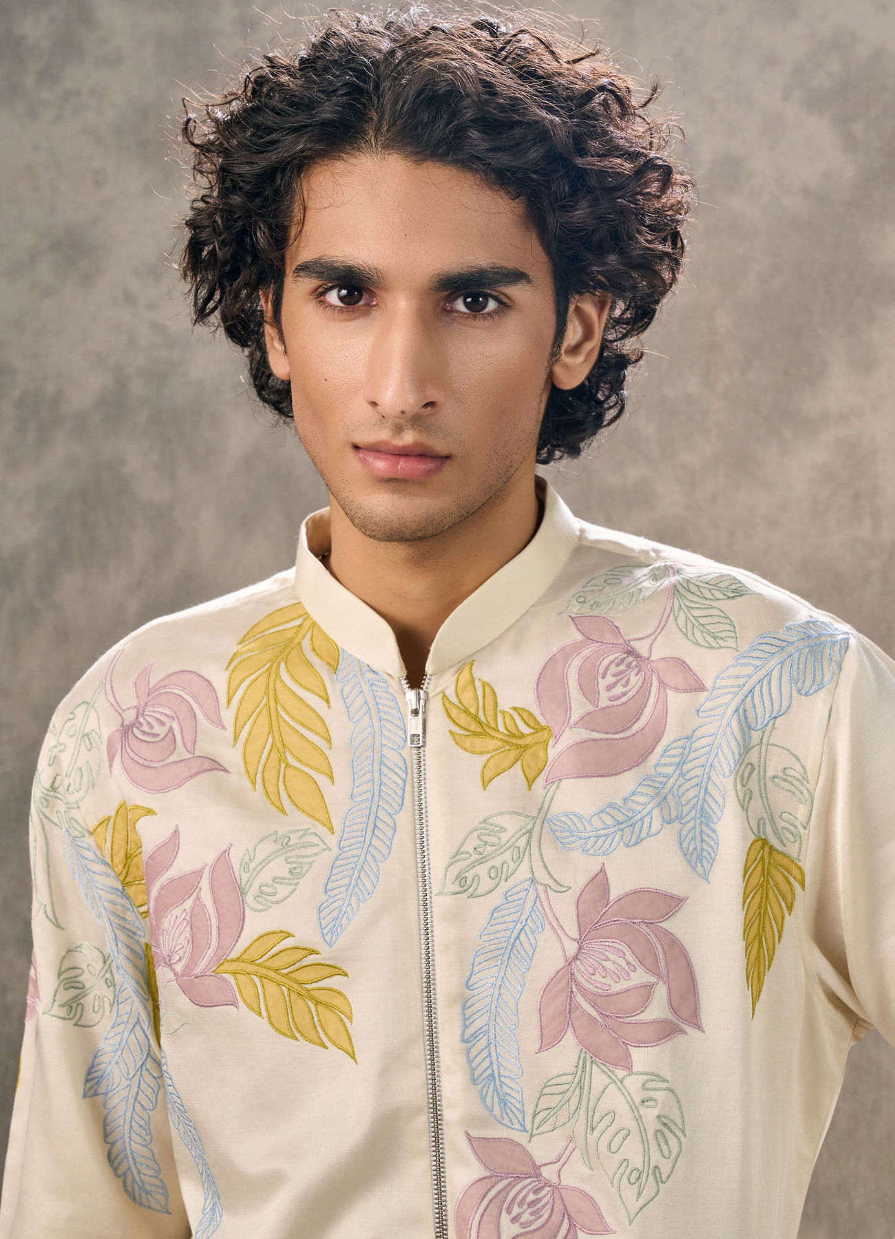 Twamev Men Ivory Satin Floral Applique Embroidered Kurta Pant Set