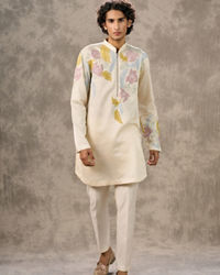 Twamev Men Ivory Satin Floral Applique Embroidered Kurta Pant Set