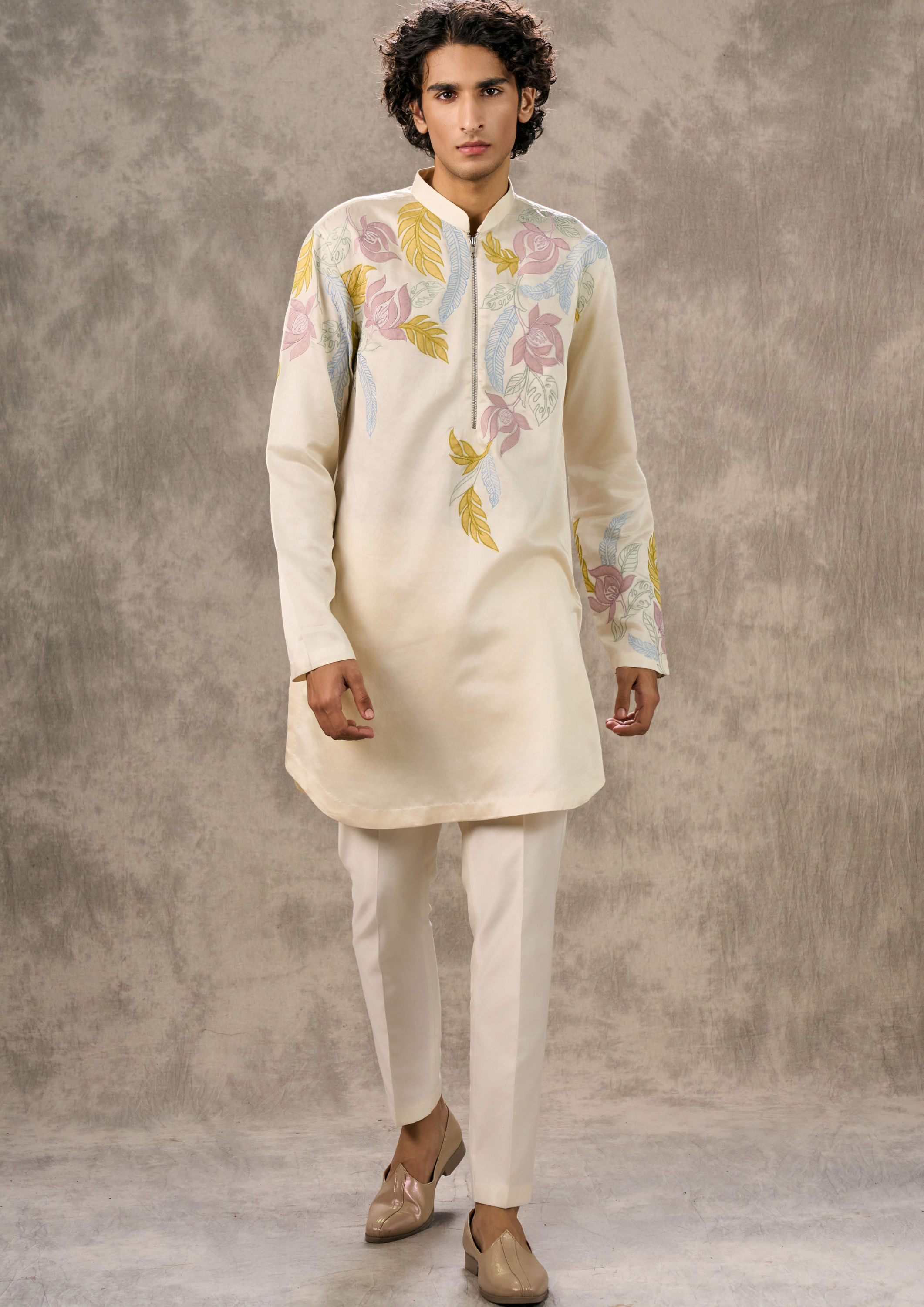 Twamev Men Cream Radiance Satin Kurta Churidar