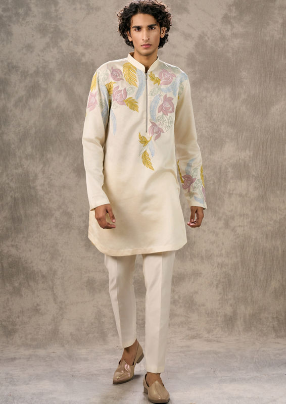 Twamev Men Cream Radiance Satin Kurta Churidar