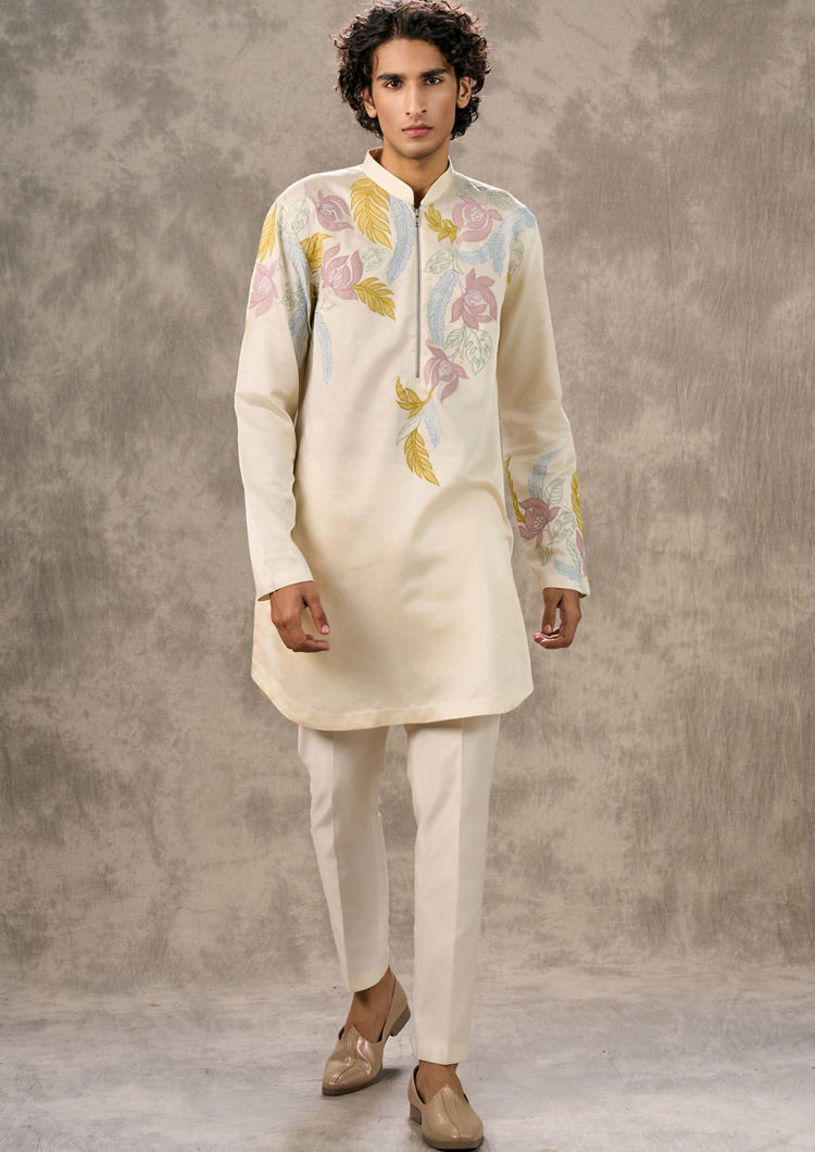Twamev Men Cream Radiance Satin Kurta Churidar
