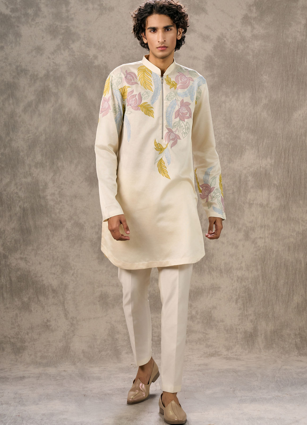 Twamev Men Ivory Satin Floral Applique Embroidered Kurta Pant Set