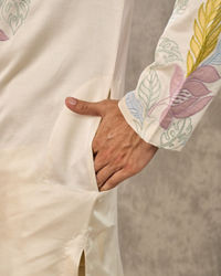 Twamev Men Ivory Satin Floral Applique Embroidered Kurta Pant Set