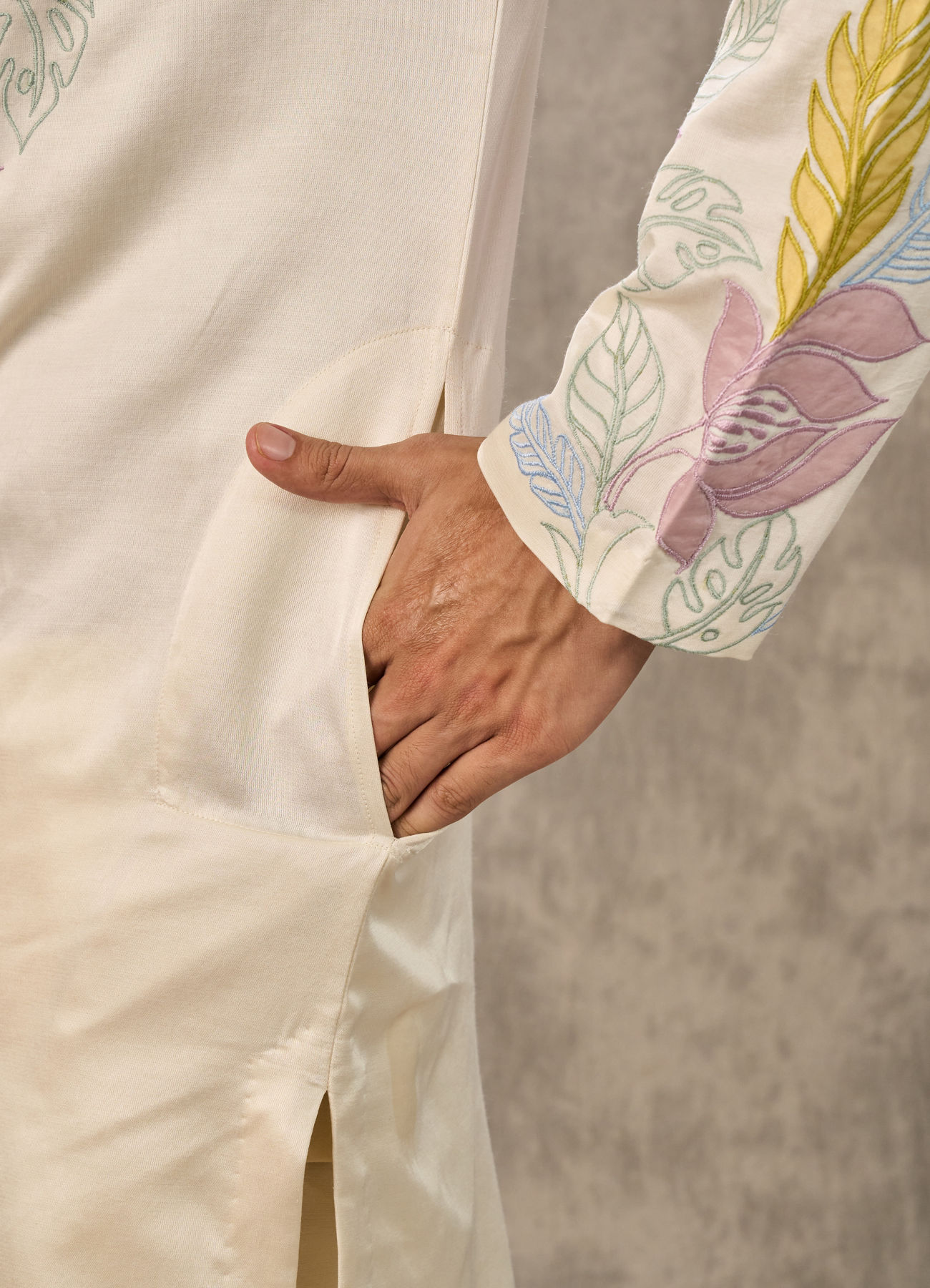 Twamev Men Ivory Satin Floral Applique Embroidered Kurta Pant Set