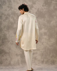 Twamev Men Ivory Satin Floral Applique Embroidered Kurta Pant Set