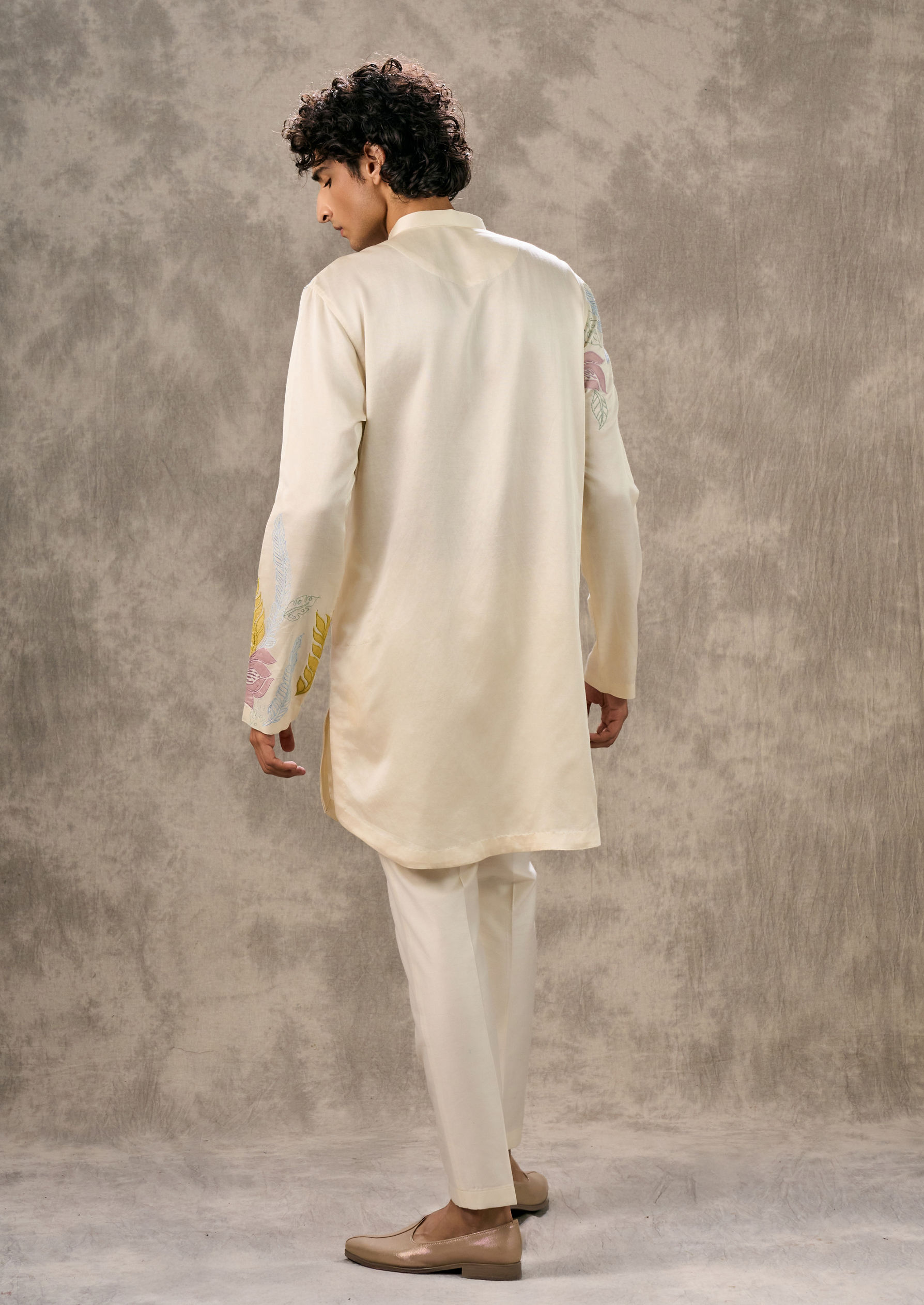 Twamev Men Cream Radiance Satin Kurta Churidar