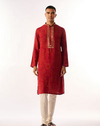 Twamev Men Red Art Silk Kurta Set with Embroidery