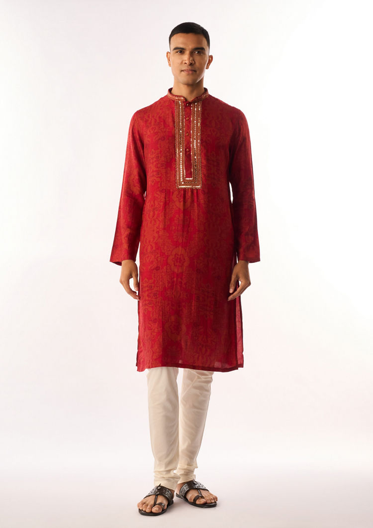 Twamev Men Red Art Silk Kurta Set with Embroidery