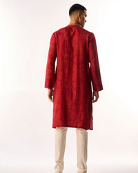 Twamev Men Red Art Silk Kurta Set with Embroidery