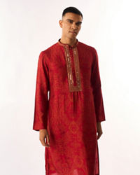 Twamev Men Red Art Silk Kurta Set with Embroidery