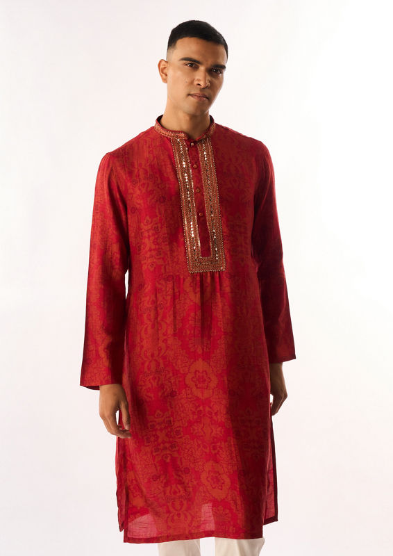 Twamev Men Red Art Silk Kurta Set with Embroidery
