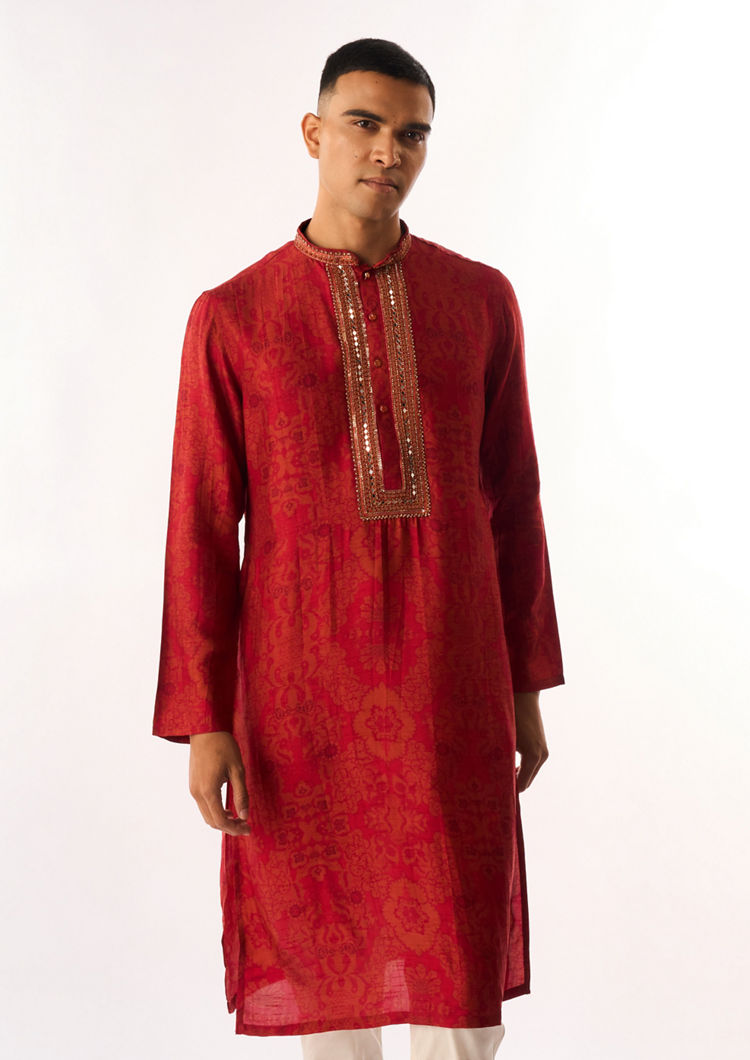 Twamev Men Red Art Silk Kurta Set with Embroidery