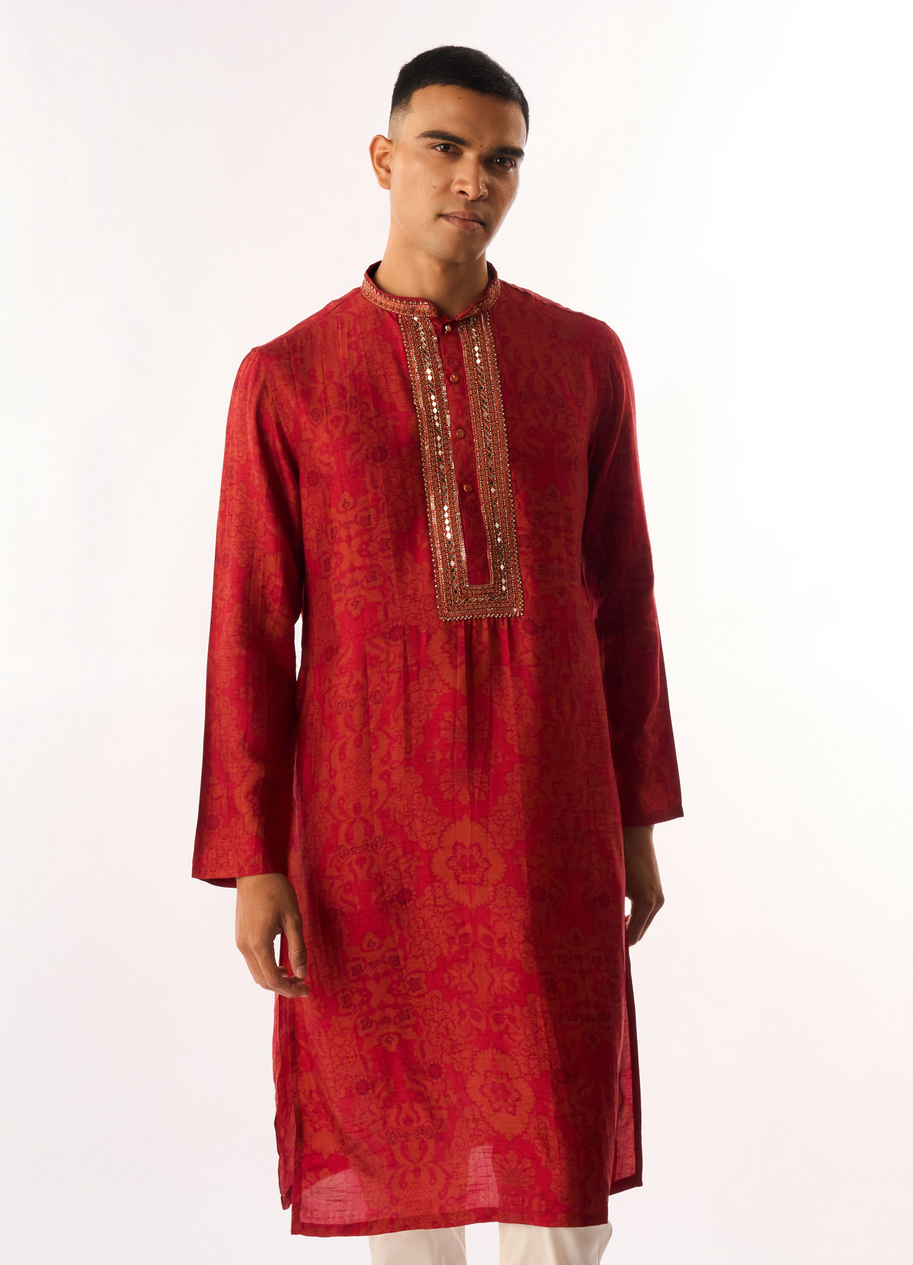 Twamev Men Red Art Silk Kurta Set with Embroidery