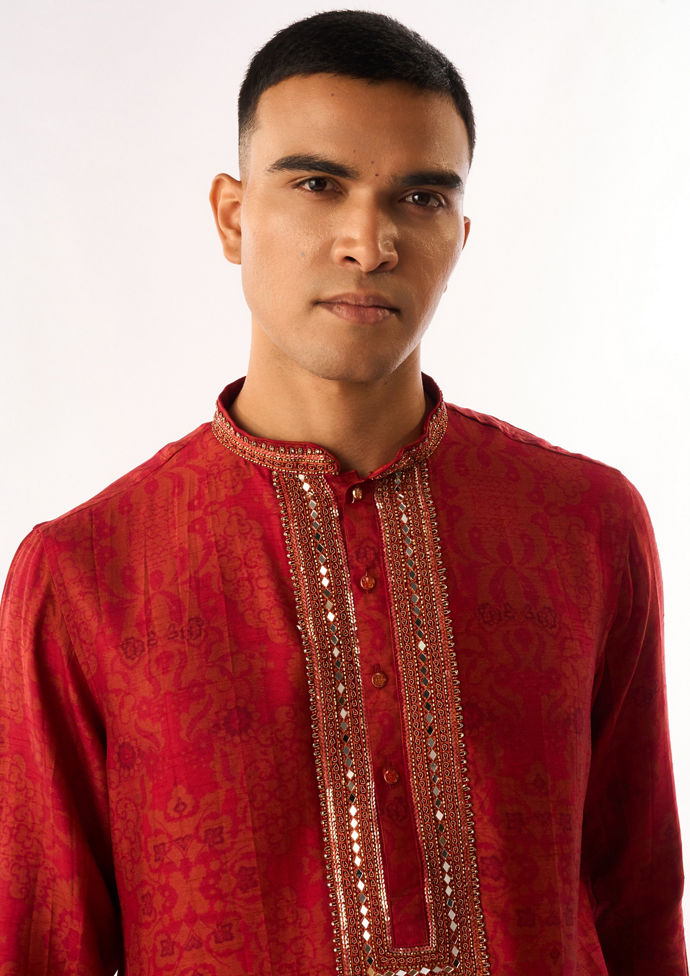 Twamev Men Red Art Silk Kurta Set with Embroidery