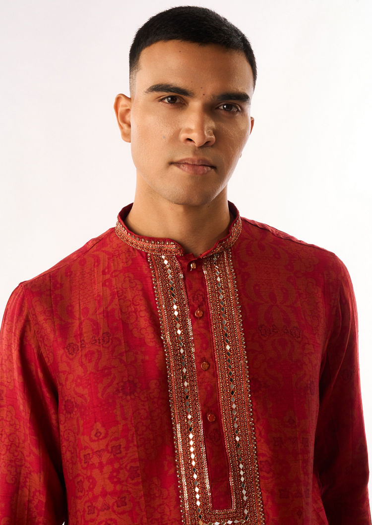 Twamev Men Red Art Silk Kurta Set with Embroidery
