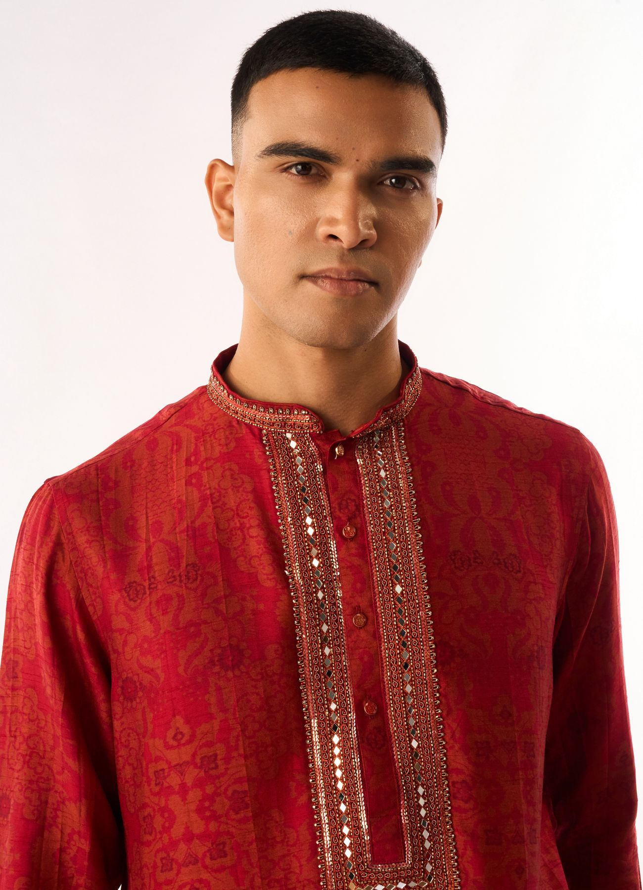 Twamev Men Red Art Silk Kurta Set with Embroidery