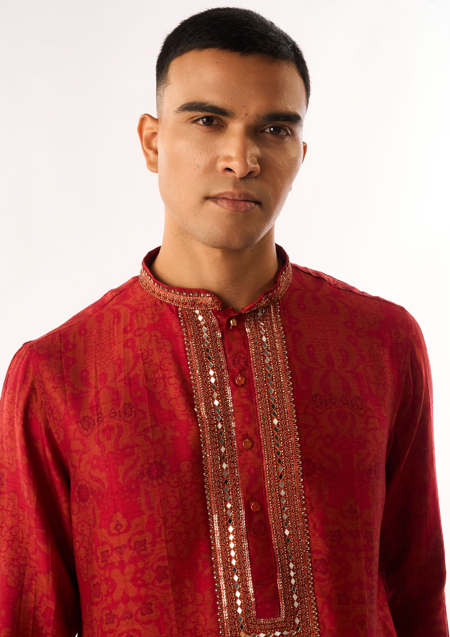 Twamev Men Red Art Silk Kurta Set with Embroidery